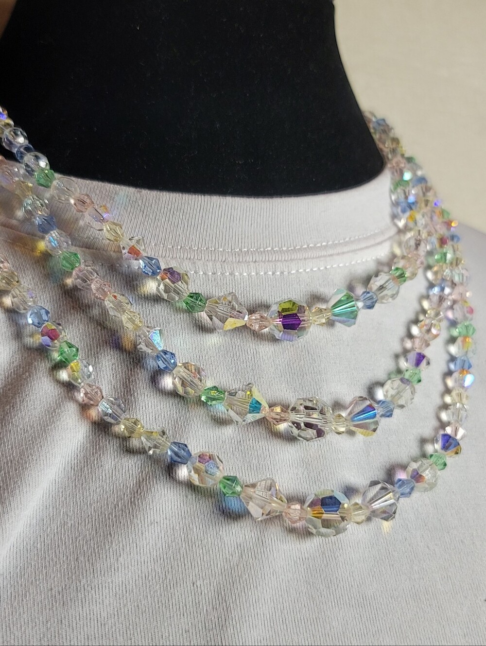 Aurora Crystal Pastel Multi-Color AB Glass Beaded, Vintage Triple Strand Estate
